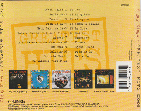 Greatest Hits by Gipsy Kings - CD Back Cover